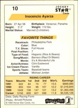 1992 Jockey Star #10 Inocencio Ayarza Back